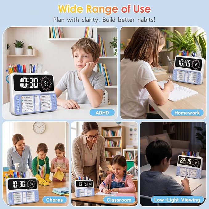 7-in-1 Visual ADHD Timer for Kids with Chore Chart Board, ADHD Tools Schedule for Kids with Autism, Alarm, Countdown, Date, Temperature, Storage, Daily Checklist for Home/School/Classroom/Desk(Blue) - Image 7