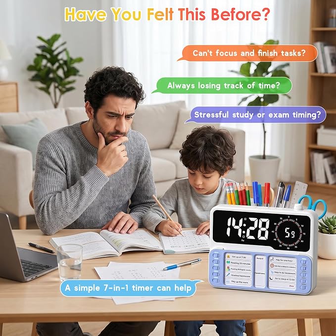 7-in-1 Visual ADHD Timer for Kids with Chore Chart Board, ADHD Tools Schedule for Kids with Autism, Alarm, Countdown, Date, Temperature, Storage, Daily Checklist for Home/School/Classroom/Desk(Blue) - Image 3
