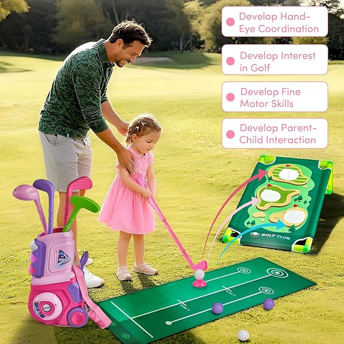 PJG Toddler Golf Set with Mat & Cornhole Board, Plastic Kids Golf Clubs 3-5 with 4 Golf Clubs and 10 Balls, Golf Toy with Cart for Boys and Girls Aged 1 2 3 4 5 Years Old Birthday (Pink)