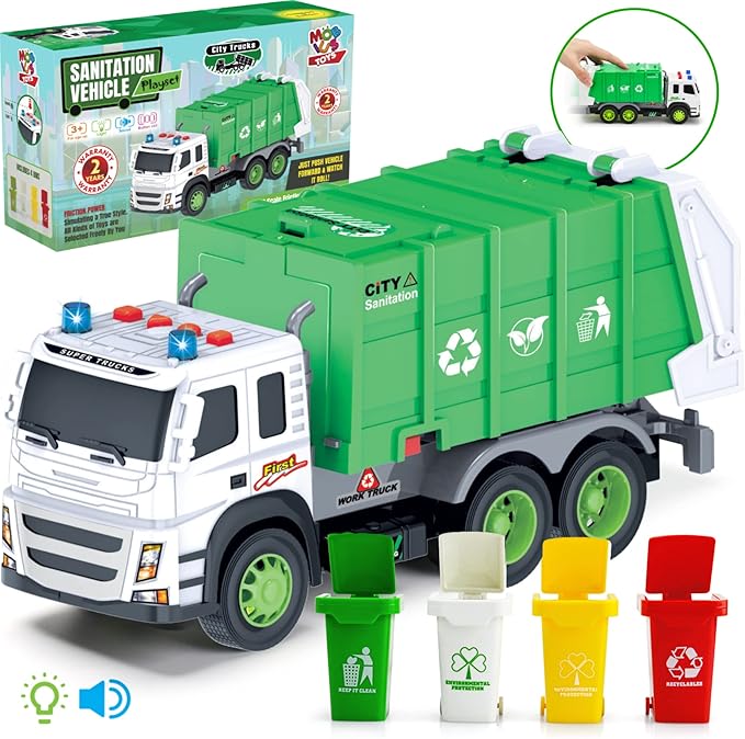 MOBIUS Toys Garbage Truck – Large 1:12 Scale Recycling Truck with Lights, Sounds & Moving Parts – Durable BPA-Free Trash Truck for Kids Ages 3–7 – Educational Toy, Gift Box
