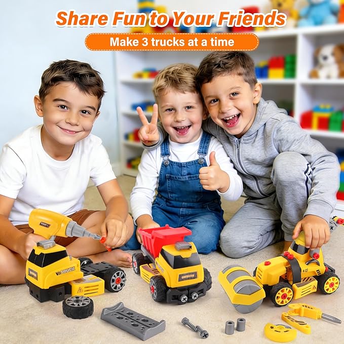 Construction Toys for 3 4 5 6 7 8 Year Old Boys 9 in 3 Take Apart Toys with Electric Drill Take Apart Truck Set DIY Engineering Building Toy Push & Go STEM Toy Gift for Boys Toys Age 6-8