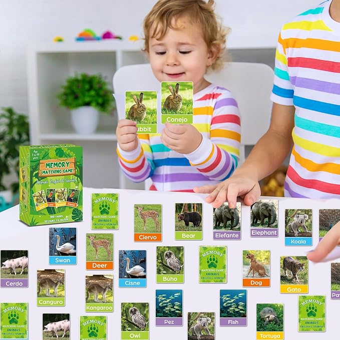 gisgfim 100 PCS Memory Matching Games Spanish English Bilingual Animal Memory Matching Games Educational Game for Kids and Adults A Fun & Fast Animal Game Toddlers Preschool Family Board Gift - Image 6