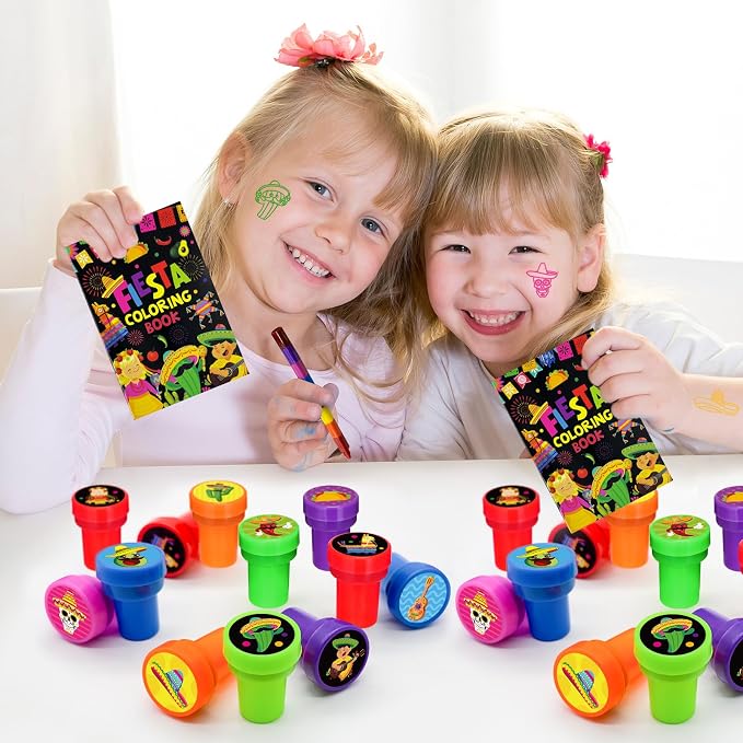 Cinrobiye 24 Pcs Mexican Fiesta Stampers for Kids,Party Favor Set, Mexico Party Favor Set Stampers, Cinco de Mayo Birthday Party Supplies, Classroom Rewards, Piñata Fillers, Goody Bag Stuffers - Image 6
