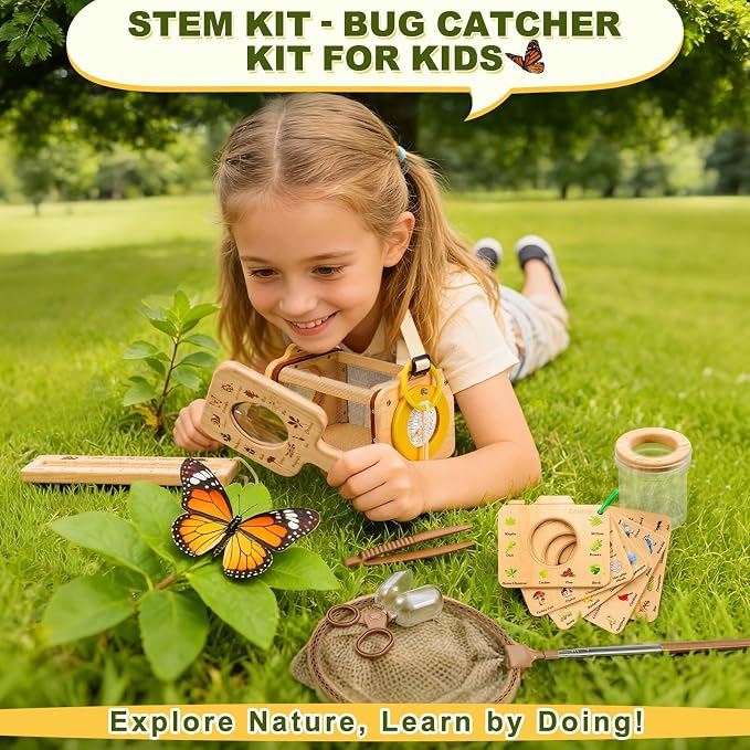 Wooden Bug Catcher Kit for Kids,10PCS Kids Bug Catching Kit with Bug Collector,Butterfly Net,Magnifying Glass,Toddler Bug Habitat Outdoor Explorer Kit Bug Collection,Nature Gift for Boys&Girls - Image 3