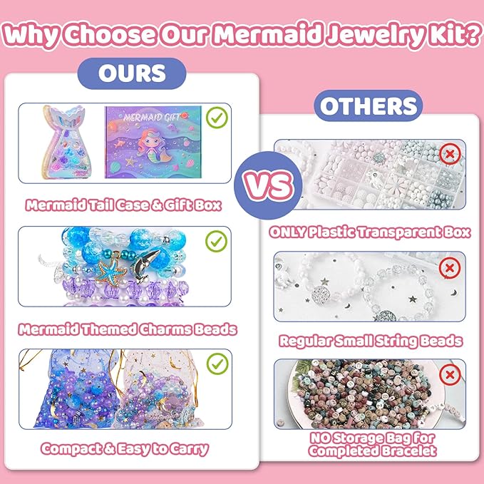 Danvren Mermaid Bracelet Making Kit for Girls, Mermaids Toys Jewelry Craft Christmas Birthday Gifts for Girl, 200+ DIY Beads,Charm Necklace Making Kits for Kids Ages 5-10