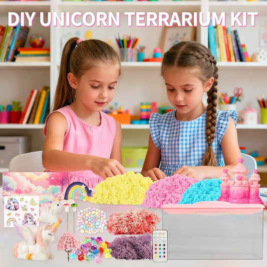 Unicorn Light-Up Terrarium Kit Toys for Kids - Not Fragile - LED Night Light Birthday Gift for Girls Ages 4 5 6 7 8-12 Year Old - DIY Arts and Crafts Kit, with Music, Stickers, Background
