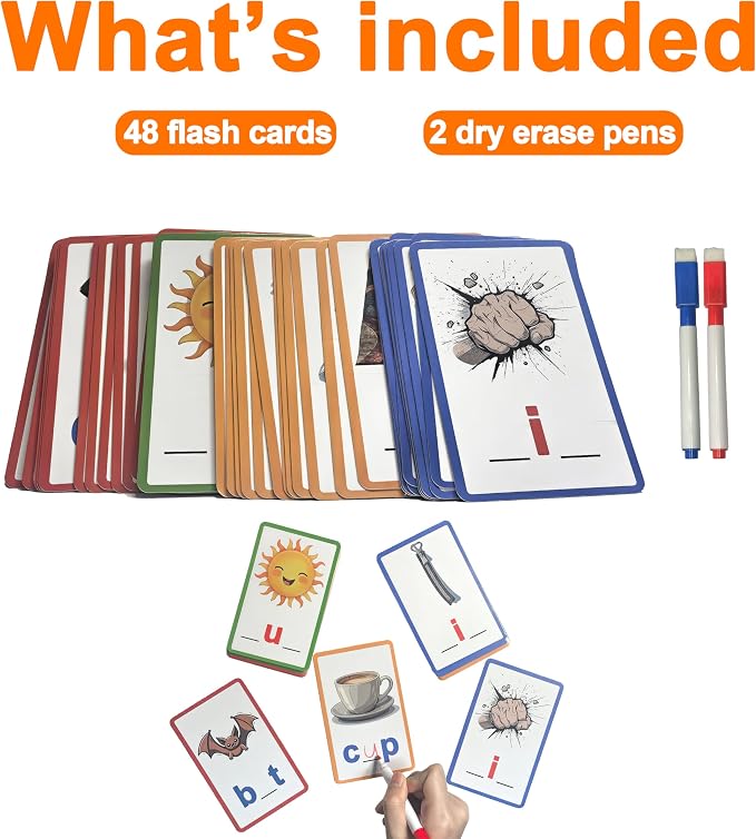 CVC Word Flash Cards, 48 Double-Sided Spelling Cards, 2 Pens - Image 3