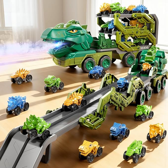 Toddler Car Truck Toys for Kids Ages 3-5, 10-in-1 Dinosaur Carrier Truck with Foldable Track Toys with Spray, Light & Sounds and 9 Dino Cars, Birthday Gift for 3 4 5 6 7 8 Years Old Boys Girls
