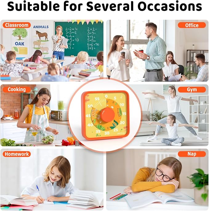 Secura 7.5-Inch Animal Pattern Visual Timer for Kids, 60-Minute Countdown Timer for Classroom or Kitchen, Durable Mechanical Timer Clock with Magnetic Backing (Orange) - Image 6
