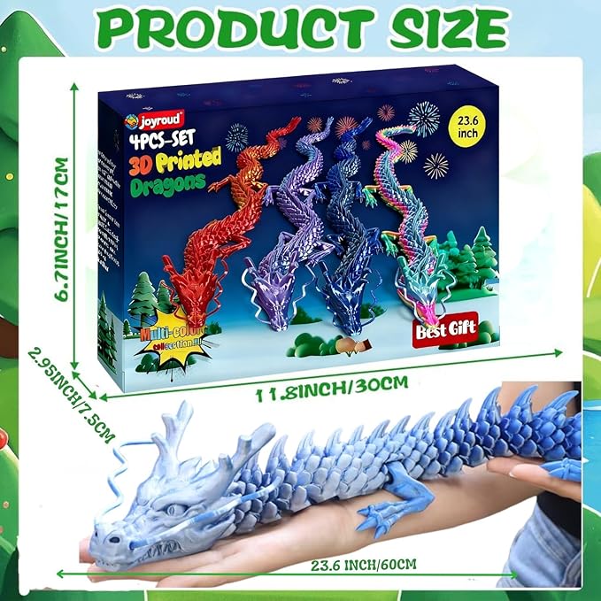 4-Pack Big 24 Inch 3D Printed Dragon Fidget Toy, Articulated Chinese Dragon Action Figure with Gift Box - Christmas Gift, Imaginative Play, Office Desk Decor & Collectible Figurine for Kids & Adults