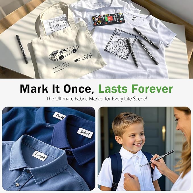 Black Fabric Markers - Dual-Tip Fabric Markers Permanent for Clothes - Non-Toxic Fabric Paint Pens for Personalizing Shirts Bags Hats Canvas, and Textiles