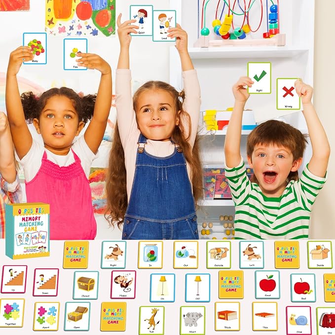 gisgfim 100 PCS Opposites Memory Matching Game Sight Words Concentration Memory Card Educational Game for Kids Preschool Learning Educational Ages 3-8 A Fun & Fast Gift Activities Matching Games - Image 7