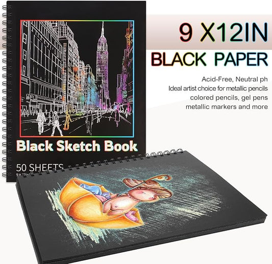 100 Sheets Black Paper Sketchbook(2 Pack), 108 lb/160gsm Heavyweight Black Sketch Pad 9×12in, Acid-Free Drawing Paper, Spiral Bound Sketch Book for Kids, Teens, Artist.