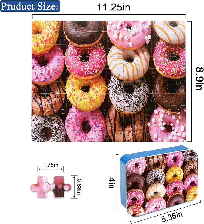 LELEMON 100 Pieces Donut Jigsaw Puzzle for Kids Ages 4-8 Sweet Colorful Donut Jigsaw Puzzles in a Metal Box Children Boys Girls Learning Educational Puzzles Toys - Image 2