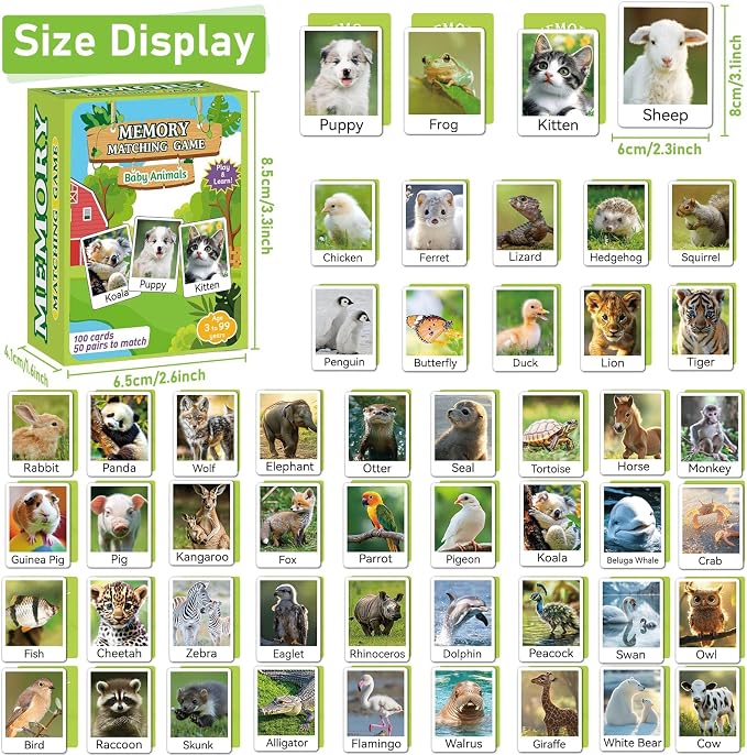 gisgfim 100 PCS Memory Matching Game Animal Babies Concentration Memory Card Educational Game for Kids Adults A Fun & Fast Baby Animals Game Toddlers Preschool Family Board Gift Matching Games - Image 2