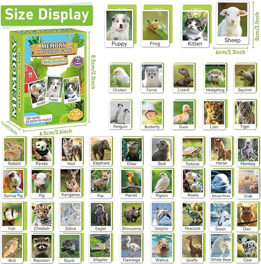 gisgfim 100 PCS Memory Matching Game Animal Babies Concentration Memory Card Educational Game for Kids Adults A Fun & Fast Baby Animals Game Toddlers Preschool Family Board Gift Matching Games - Image 2