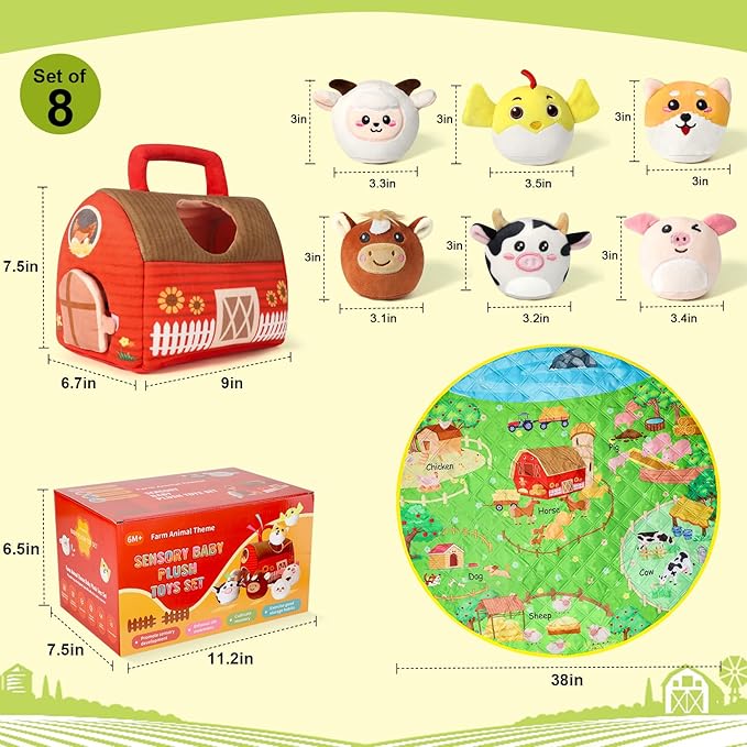 Plush Farm House Playset with 6 Farm Animal Toys & Play Mat – Soft Sensory Barn for Babies & Toddlers, Montessori Learning Toy, Portable Plush Playset for Early Animal Learning