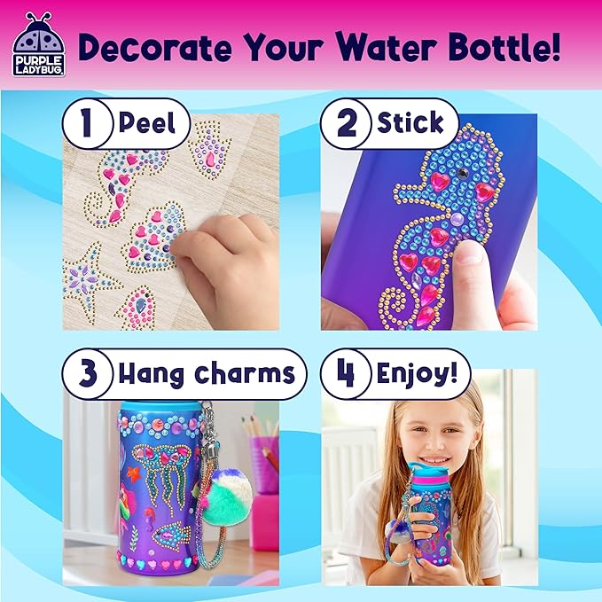 PURPLE LADYBUG Decorate Your Own Water Bottle for Girls - Mermaid Gifts for Girls Age 6-8, Gifts for 5 6 7 8 9 10 Year Old Girl Birthday, Valentines Gift, Crafts for Girl Ages 6-8