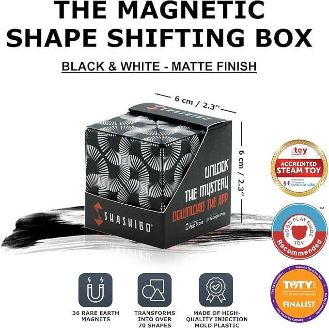 Shashibo Shape Shifting Box - Award-Winning STEM Fidget Toy with Strong Magnets - Fidget Cube Transforms Into 100+ Shapes, Christmas Stocking Stuffers Gift for Kids, Teens, and Adults (Black & White)
