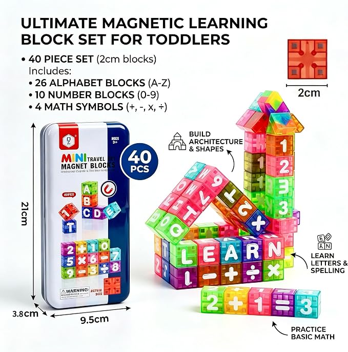 Magnetic Alphabet Blocks Letters Numbers 40pcs Travel STEM Kids 3-8 - Image 2