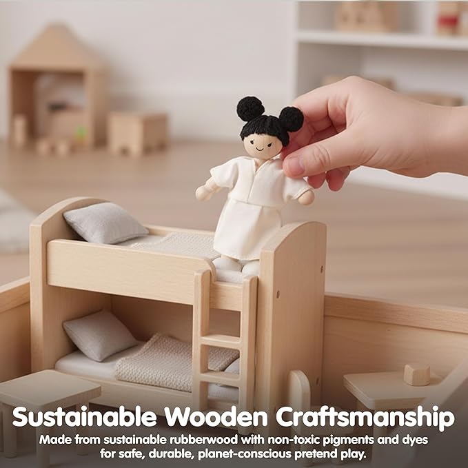 PlanToys® Wooden Girl Dollhouse Figure - Fair Skin Tone | Poseable 1:12 Scale Dollhouse People | Montessori Pretend Play Doll with Bendable Arms & Legs | Eco-Friendly Wooden Figurine for Kids
