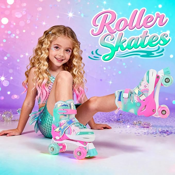 NEMONE Mermaid 4 Size Adjustable Light up Roller Skates for Girls, Purple Blue Skates for Toddlers, Beginner Kids Butterfly Roller Skates Indoor Outdoor