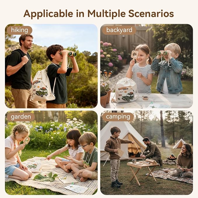 Kids Outdoor Explorer Kit Ages 4–8, Wooden Binoculars, Compass and Knot-Tying Board, Nature STEM Learning & Camping Toy Birthday Gift for Boys and Girls - Image 9