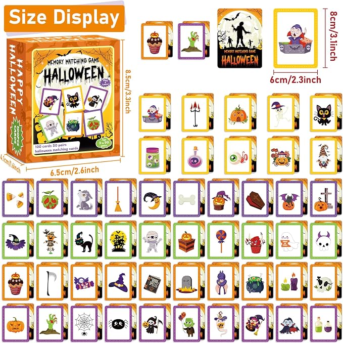 gisgfim 100 PCS Memory Matching Game Happy Halloween Concentration Memory Games Card for Kids Educational Ages 3-8 A Fun & Fast Halloween Theme Matching Games - Image 2