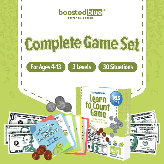 BOOSTEDBLUE Learn to Count Educational Play Money Game | 165 Piece Classroom Set | Ages 4+ | Paper Bills & Plastic Coins | Toy Money & Banking Play Set for Kids - Image 2