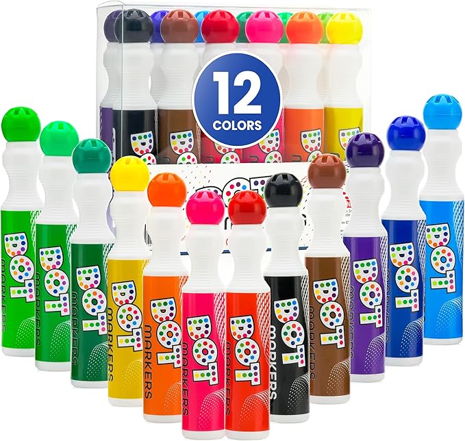 Darice Washable Dot Markers for Toddlers, 12 Colors (40ml 1.35oz) Paint Marker Dot Art Set, Water Based Non-Toxic Bingo Daubers for Kids