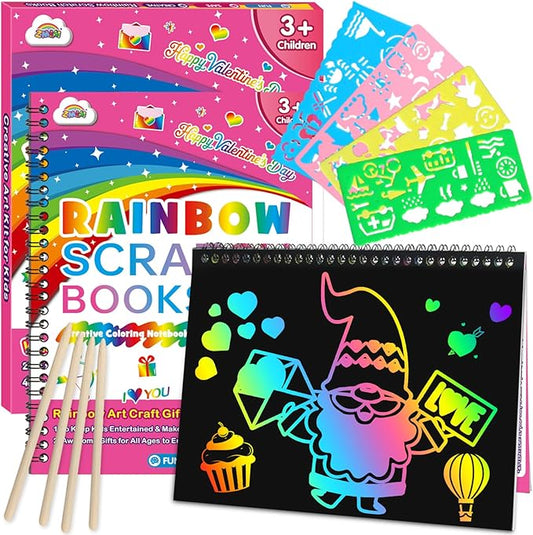 ZMLM Scratch Paper Art Craft: 2 Pack Rainbow Scratch Set for 3 4 5 6 7 8 9 10 Years Old Girls Boys Students Drawing Coloring Black Magic Art Supplies Kits Gifts School Birthday Party Toys (Valentines)