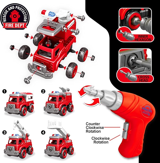 4-in-1 Take Apart Toys Truck with Electric Drill, DIY Assembly Fire Truck - Image 2