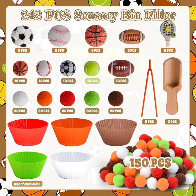 242pcs Sports Balls Sensory Bin Filler Fine Motor Toys Ball Sensory Bin Items Easter Soccer Baseball Basketball Football Tennis Sensory Bin Items Pom Poms for Color Counting Sorting - Image 2