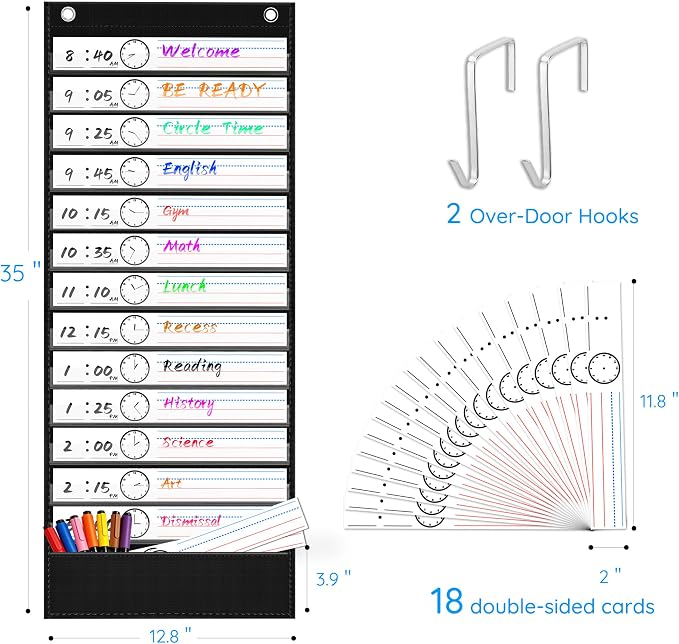 ZKOO Daily Schedule Pocket Chart for Kids, 13+1 Pocket Visual Schedule for Autism ADHD Classroom, 18 Reusable Double-Sided Dry-Erase Cards, Homeschool Special Education Routine Chart (Black) - Image 3