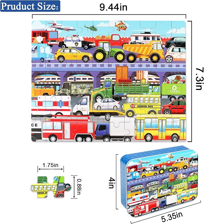 LELEMON 60 Pieces Puzzles for Kids Ages 4-8 Traffic Jam Puzzle for Boys Girls Transportation Vehicles Children Learning Educational Puzzles Portable Box Pack Toys - Image 2
