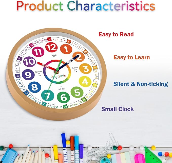 Roymnie Wall Clock for Kids Learning Battery Operated Teaching Silent 8" - Image 6
