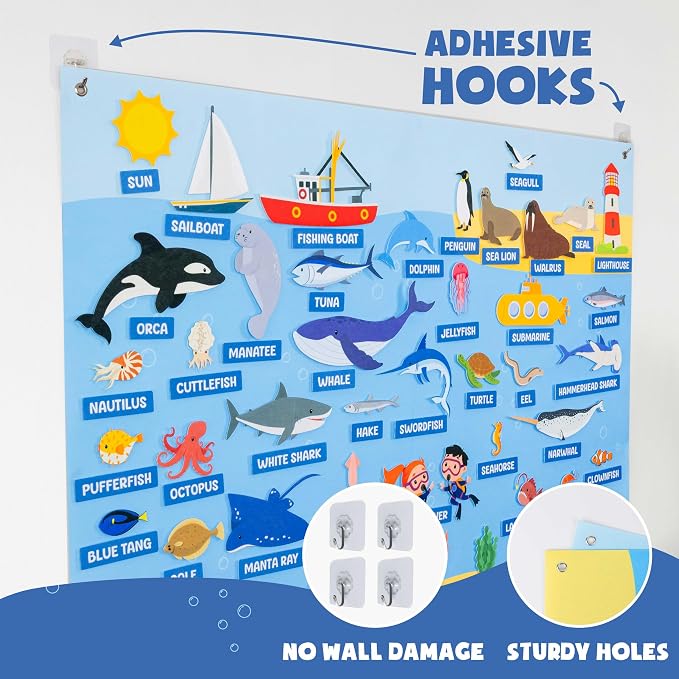 BONNYCO Felt Board for Toddlers with 107 Sea Animals Figures. Montessori and Sensory Toys, Birthday Gifts for Kids 3-8 Years Old. Educational Games, Learning Activities, Christmas - Image 7