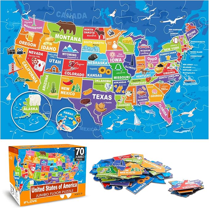 Jumbo Floor Puzzle for Kids,70-Piece USA Map Jigsaw Puzzle Ages 3-8 by IFLOVE