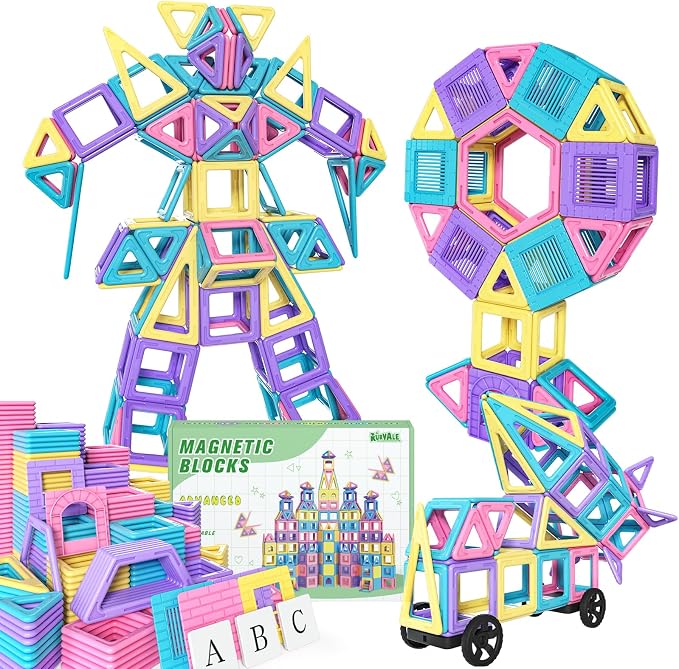 Rurvale 100Pcs Magnetic Tiles, Magnet Blocks for 3 4 5 6 7 8 Year Old Boys Girls, Learning Educational STEM Toys for Toddlers 3-5, 4-8, Building Blocks for Kids Ages 3+ Birthday Gifts by RURVALE