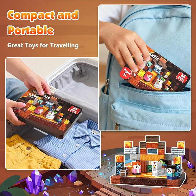 Mini Magnetic Blocks with Magnet Box - 60PCS Magnetic Building Blocks for Kids Ages 4-8, Magnet Block Travel Toys, Magnetic Cubes STEM Stacking Toy, Easter Birthday Gifts for Boys & Girls 3 4 5 6+ - Image 3
