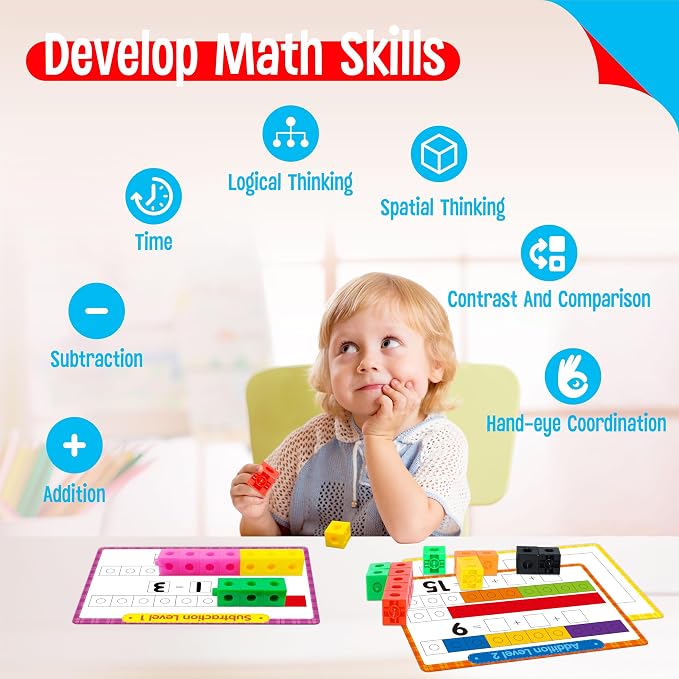 Math Linking Cubes, 100 Math Cube Manipulatives with 30 Learning Activities plus 192 Reusable Stickers, Number Counting Blocks Snap Linking Math Counters, Fun & Educational Pre-K Counting Blocks - Image 3