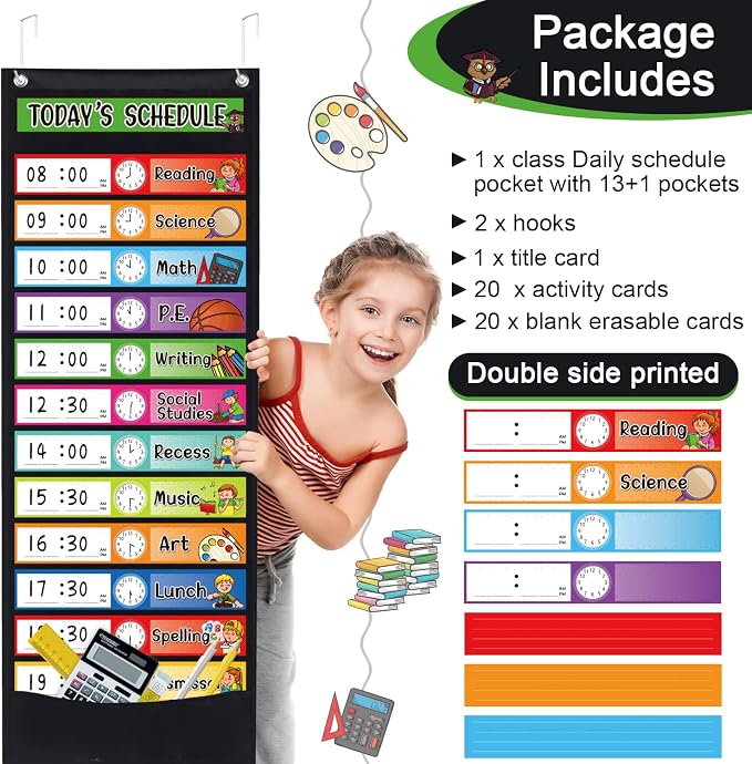 Daily Schedule Pocket Chart Kit,40 Bright Attractive Double-Sided Reusable Erasable Cards,1 Title Card,13+1 Scheduling Pocket Chart with 2 Hangers for Classroom Office Home Preschool Learning (Black) - Image 2