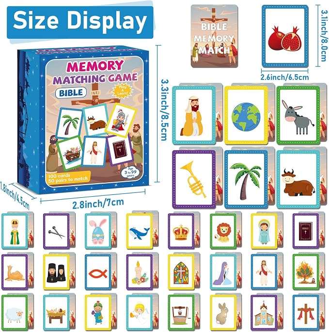 gisgfim 100 PCS Memory Matching Game Bible Concentration Memory Card Games for Kids Boys Girls Easter Educational A Fun & Fast Christian Preschool Homeschool VBS 2026 Biblical Theme Matching Games - Image 2