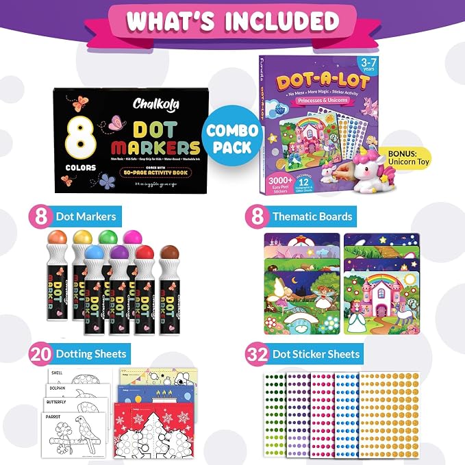 Chalkola Dots of Fun, 8 Washable Dot Markers + Dot Art Sticker Activity Kit - Image 2