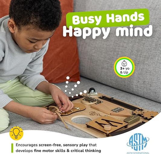 deMoca Sensory Busy Board for Toddlers, Premium Wooden Toddler Busy Board for 1 2 3 Year Old with 10 Educational Activities for Fine Motor Skills, Fidget Activity Toy for Travel Toy (Nature - Large)