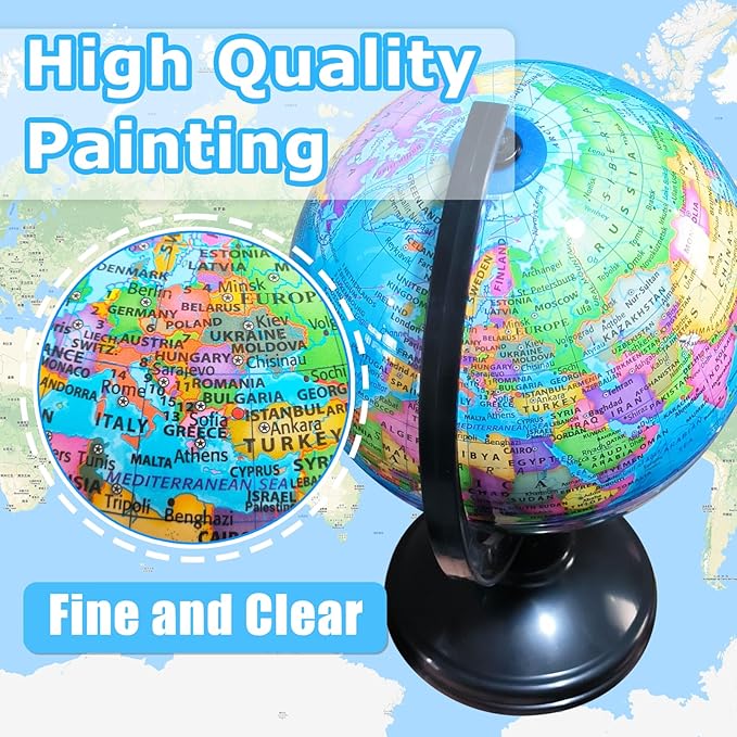6'' Geographic World Globe,Kids Educational Globes with Stand,Decorative Rotating World Map Globes Decor,Political Globe for Child Classroom Geography Teaching,Kids Room - Image 3