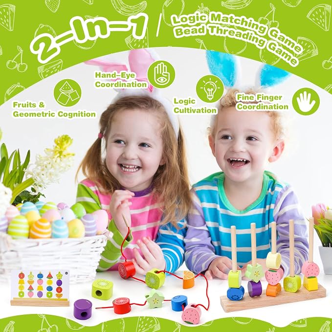 Appoft Montessori Wooden Beads Mastery Kit: Fine Motor Skills Builder for Toddlers 2-5 Stacking Blocks Lacing Beads Travel Learning Toys STEM Gifts for 2 3 4 5 Year Old Boys Girls Toys for Ages 2-4 - Image 3