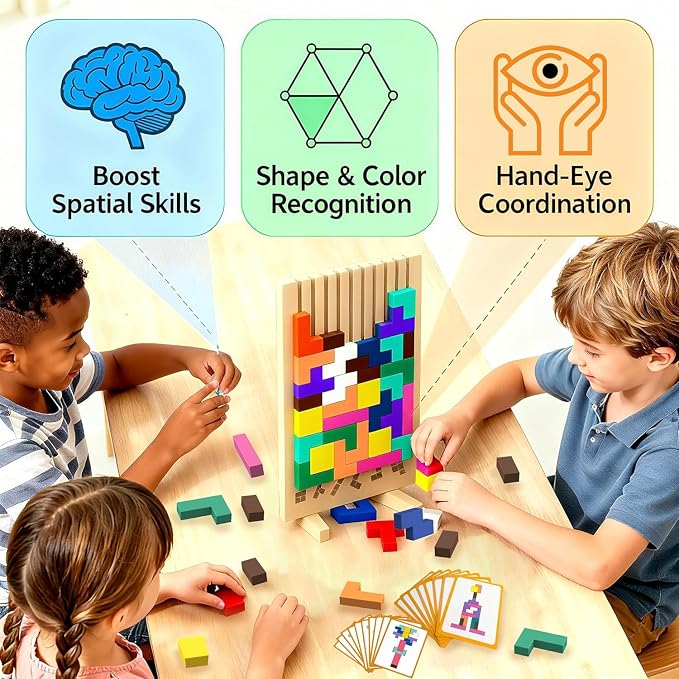 Wooden Block Puzzle Montessori Toys, Colorful Stacking Game Brain Teaser Puzzles for Toddlers and Kids with 20 Cards, Educational Wooden Toy Gifts for 3 4 5 6 7 8 Year Old Boys and Girls - Image 3