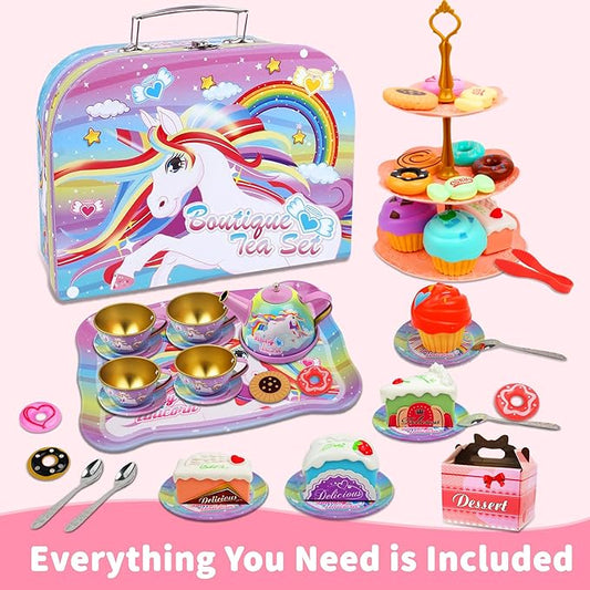 SMILESSKIDDO 46pcs Princess Tea Party Set for Little Girls - Kids Kitchen Pretend Play Toys - Toddler Tea Party Sets for Girls 3-5, Gift for 3 4 5 6 Girl(Unicron)