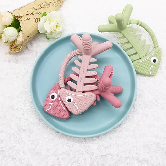 3 in 1 Infant Toys, Baby Teething Toys 3–6 6–12 Months, Teethers for Babies 0–3–6–12 Months for Teething Relief, Baby Gift, Baby Teether Toys, Silicone Sensory Toys, USA Patent Pending, Fish (Pink)